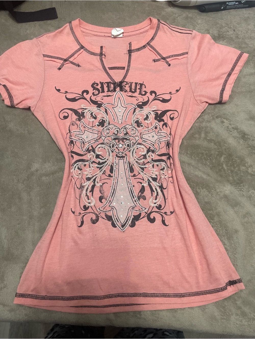 Affliction Pink Graphic Short Sleeve Tee with Embellished Cross